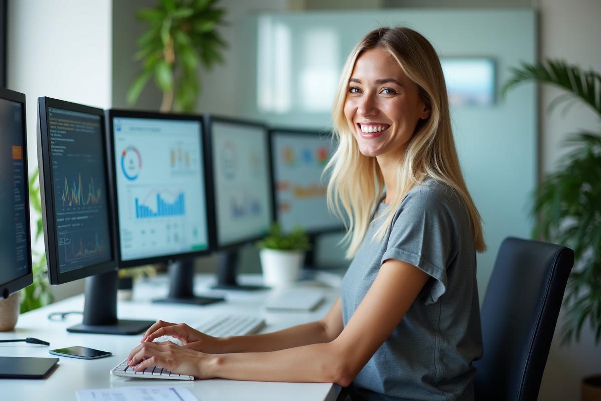 Professional woman working with AI-powered healthcare marketing dashboards and analytics