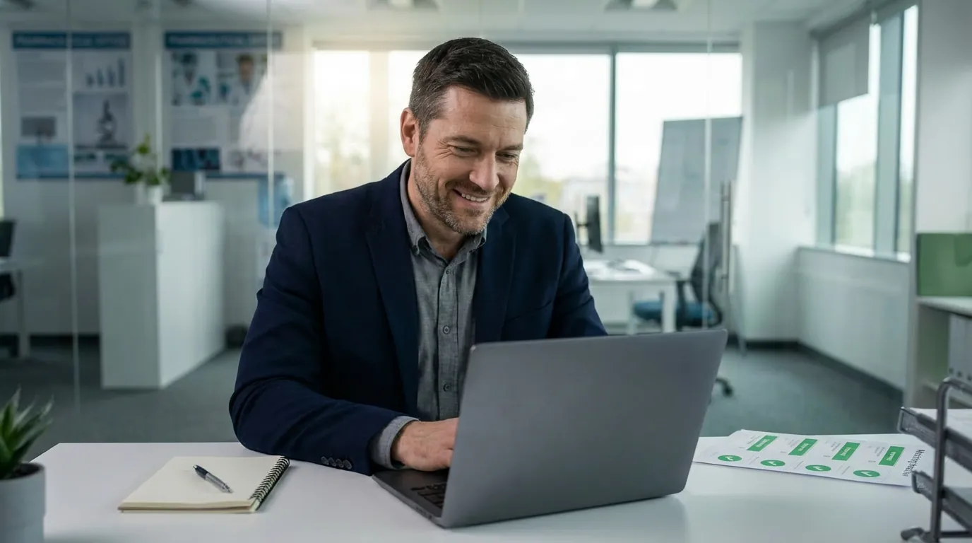 A marketing manager sitting relaxed and satisfied at his laptop with a clear workflow dashboard
